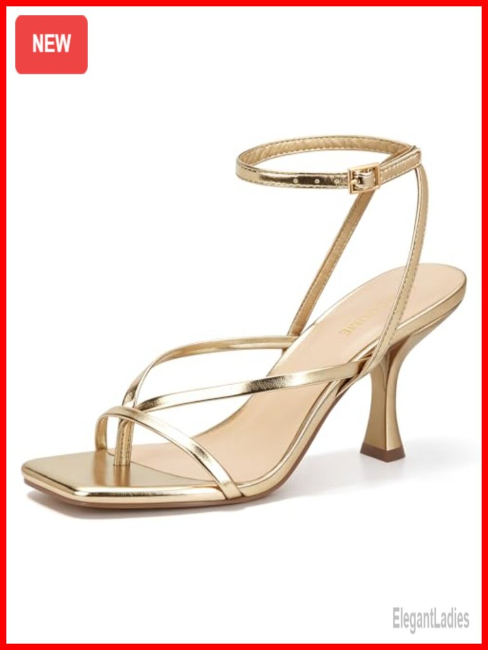 Kitten Heels Square Toe Strappy Ankle Strap Sandals Faux Leather